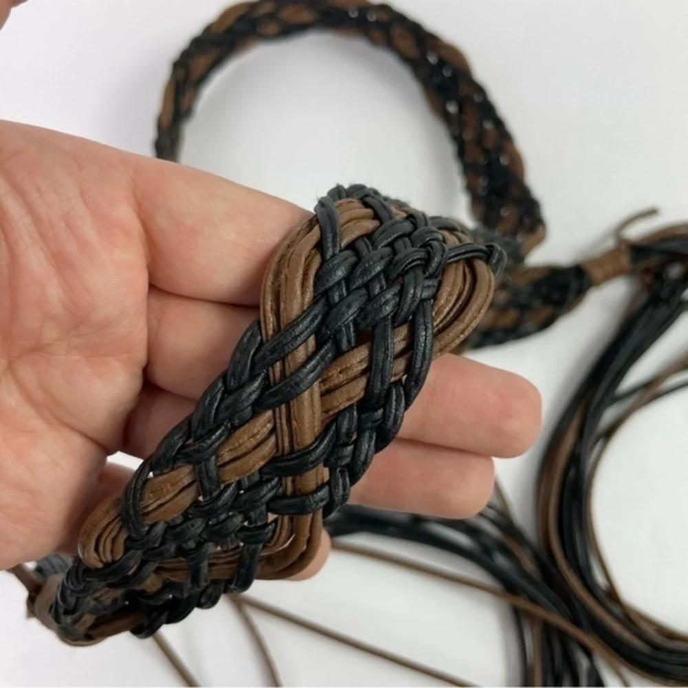 Black & Brown Braided Faux Leather Tassel‎ Tie Belt